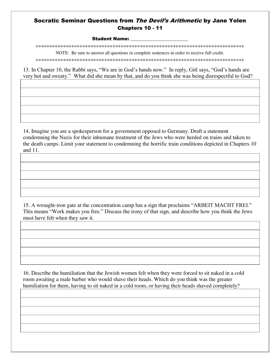 Seminar questions 13–16 address Gitl’s remark about God, train conditions, the camp sign, and humiliation.