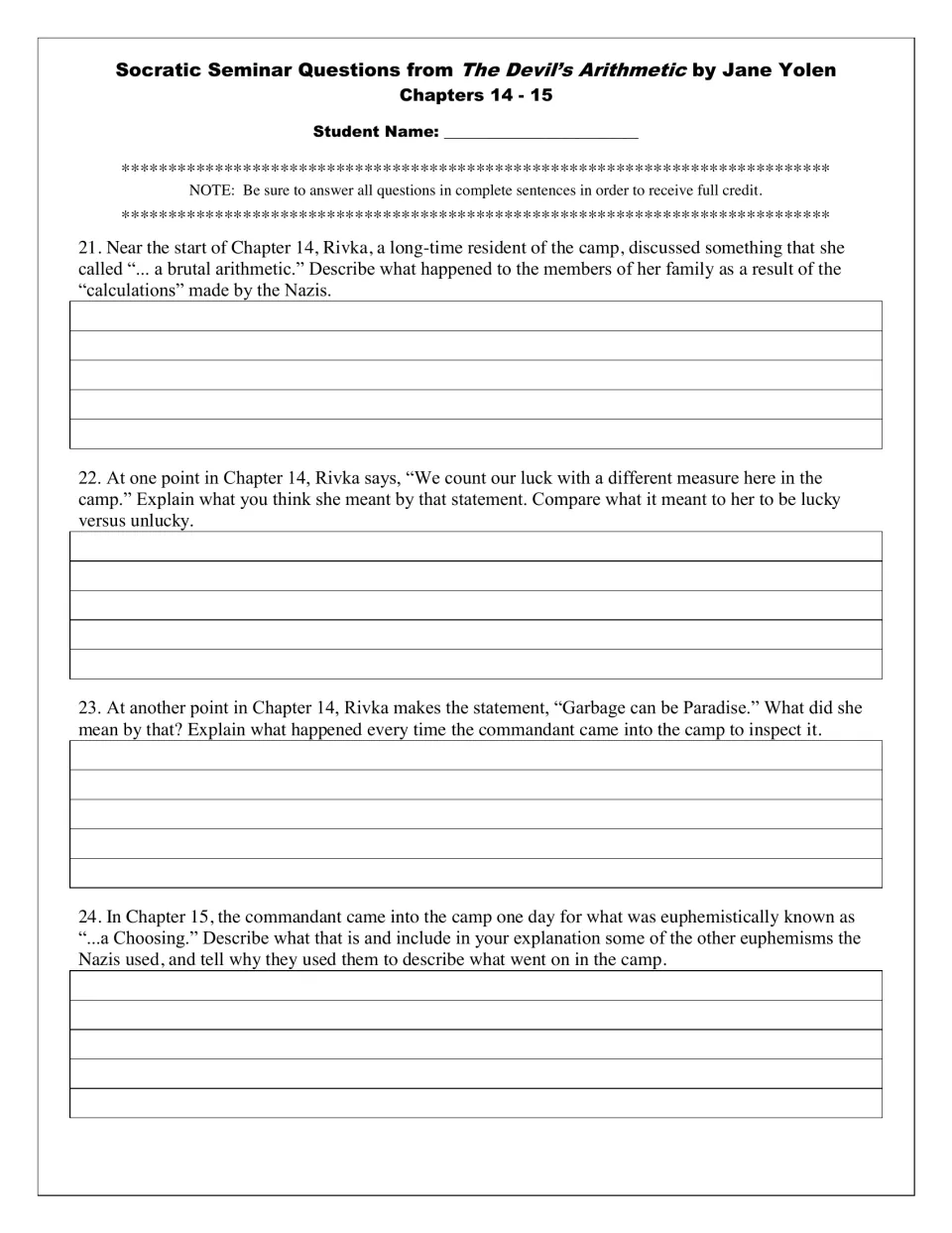 Seminar questions 21–24 examine Rivka’s family losses, luck in the camp, hiding in garbage, and euphemisms.