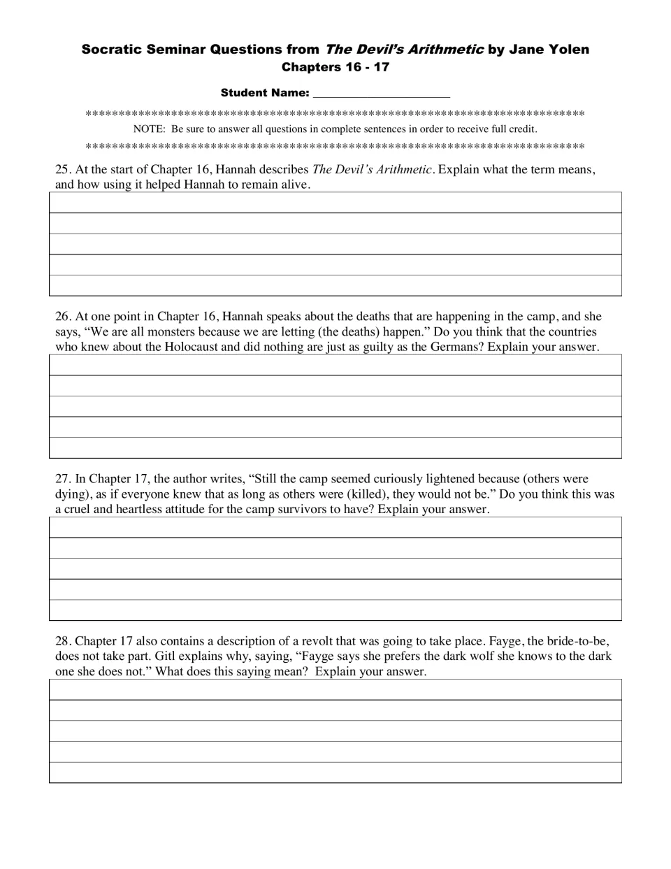 Seminar questions 25–28 address survival calculations, responsibility for deaths, and Fayge’s fear of revolt.