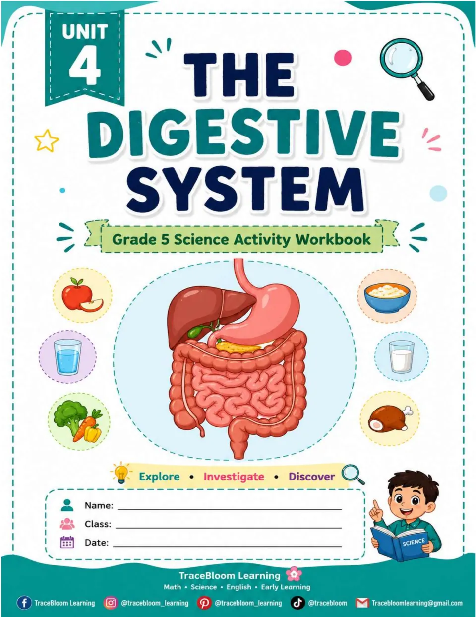 Unit 4 science workbook cover for Grade 5, featuring the digestive system and spaces for student details