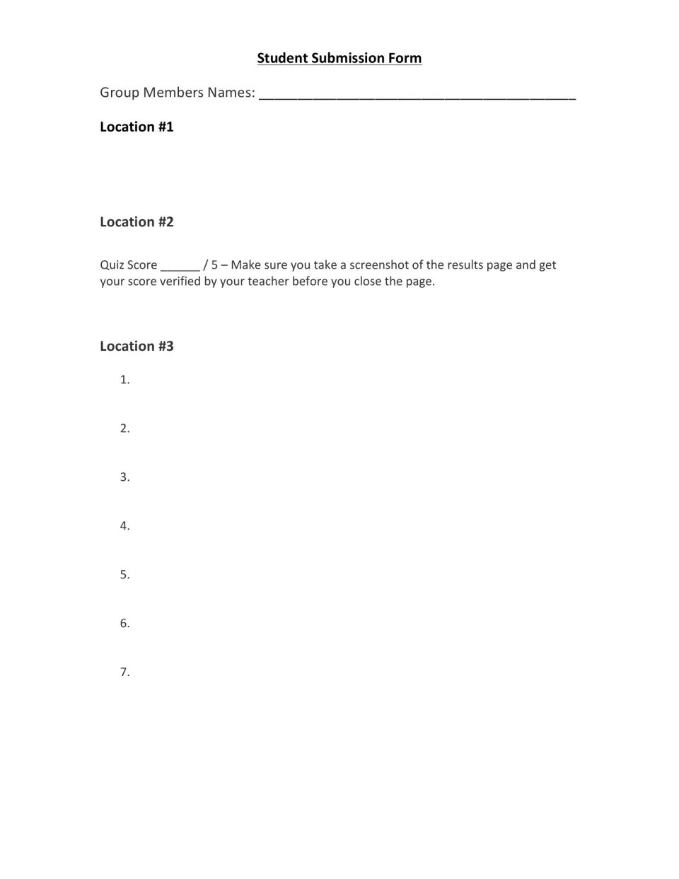 Student submission form for digestive system hunt locations 1–3, with a quiz score and seven numbered responses