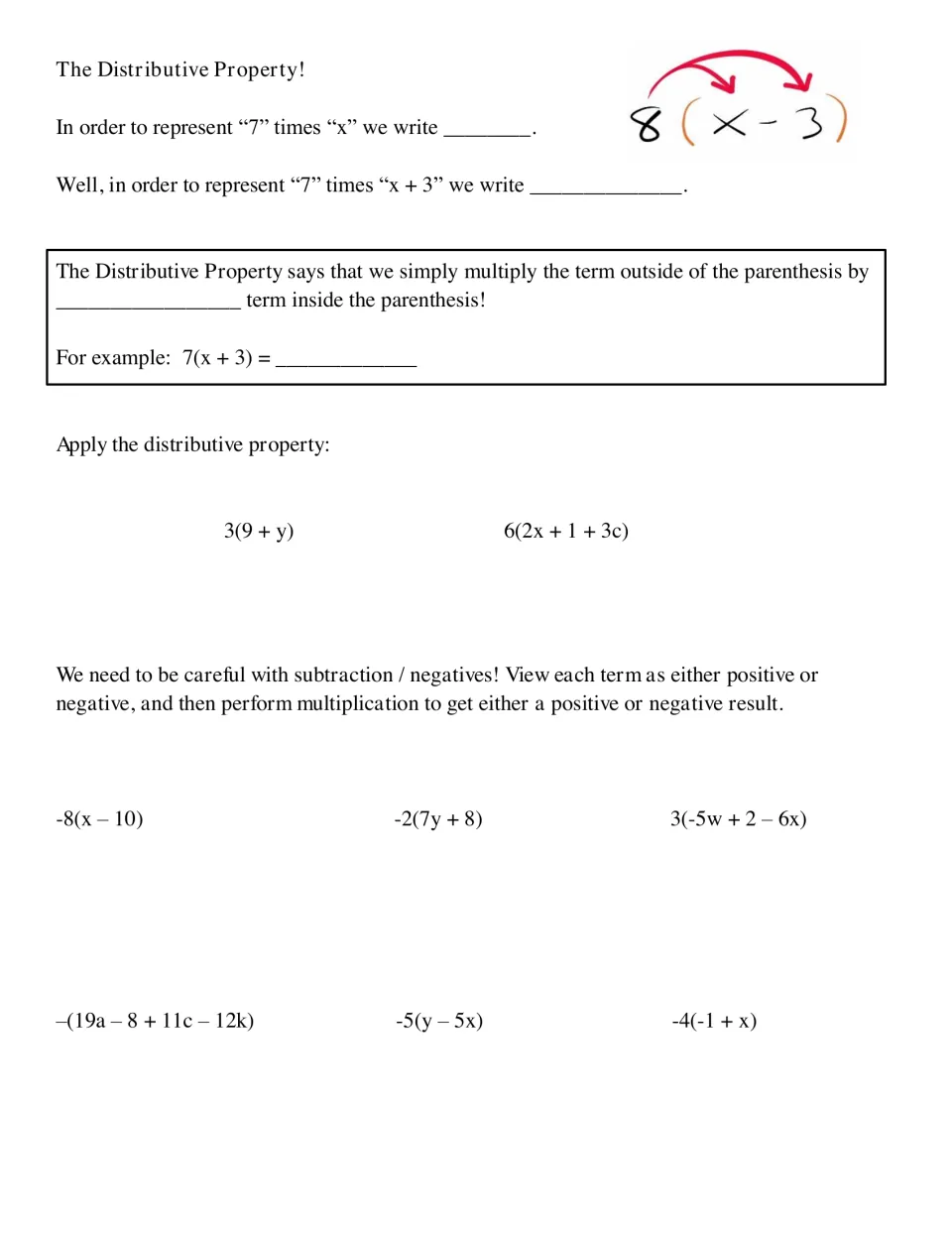 Distributive property notes: students fill in the rule, then expand 8 expressions such as 3(9 + y), including negatives
