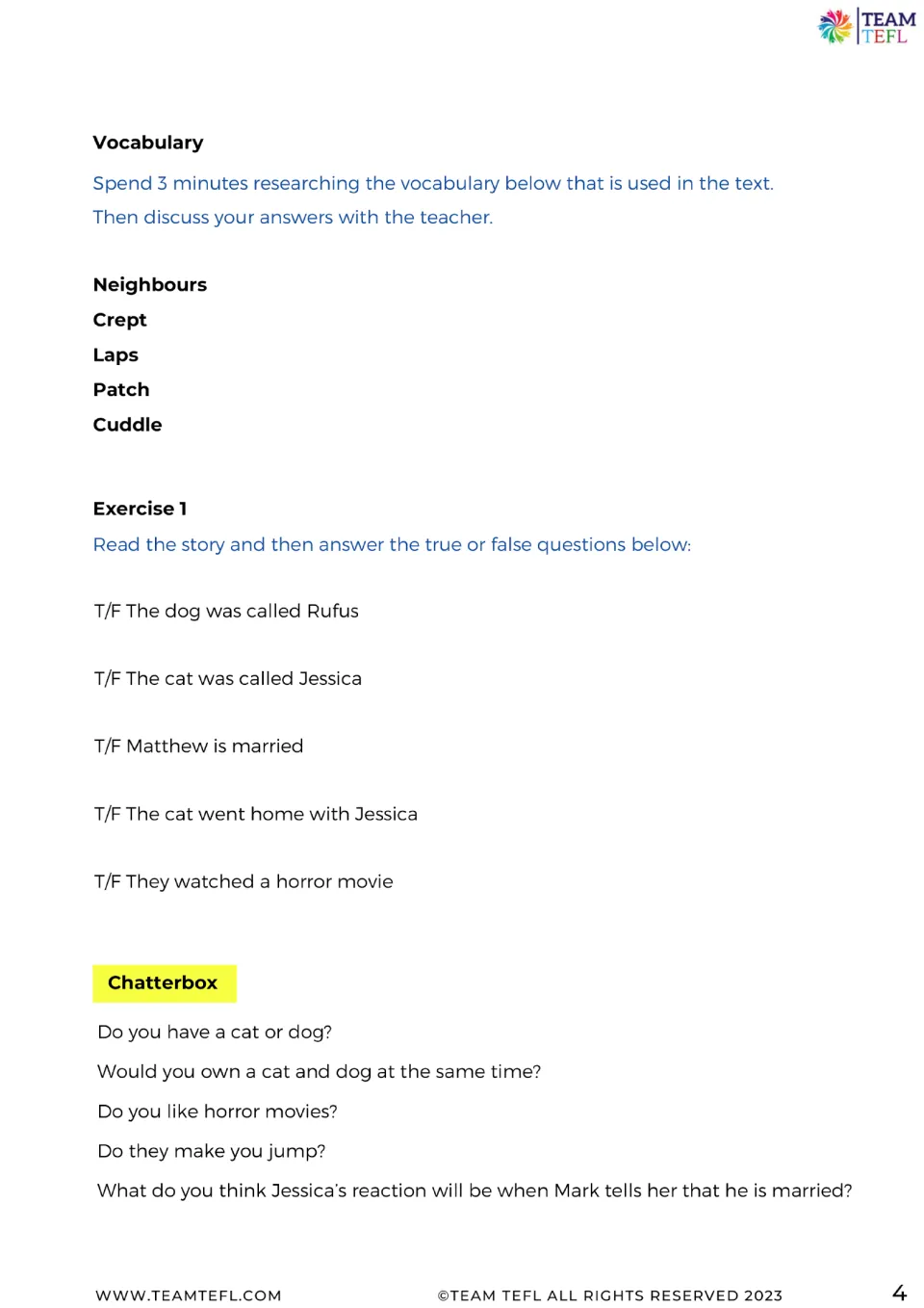 Follow-up activities: five vocabulary words, five true-or-false questions, and five discussion prompts.