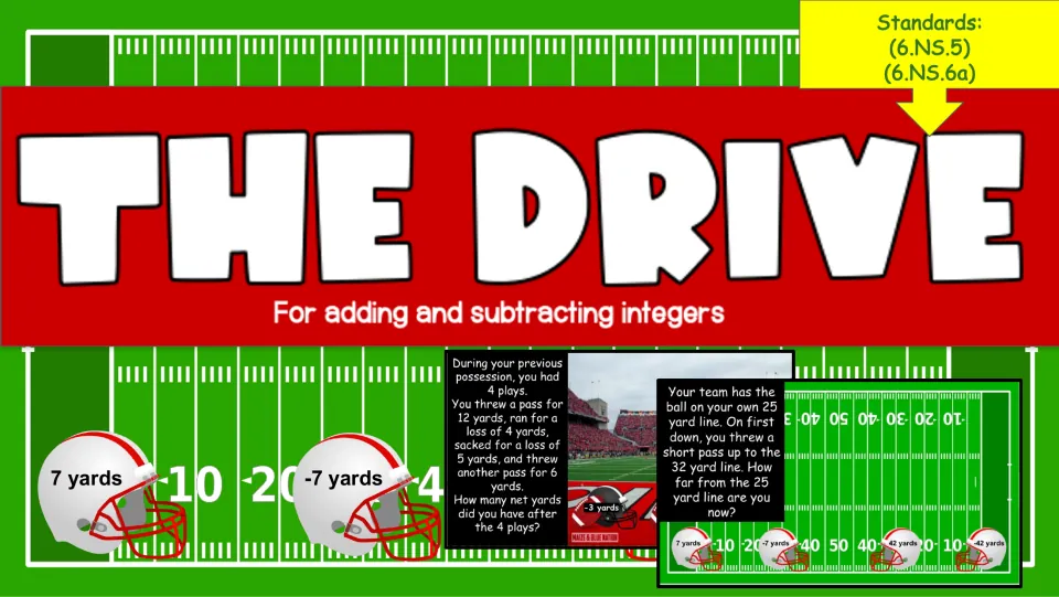 The Drive cover introduces adding and subtracting integers through football yardage problems.