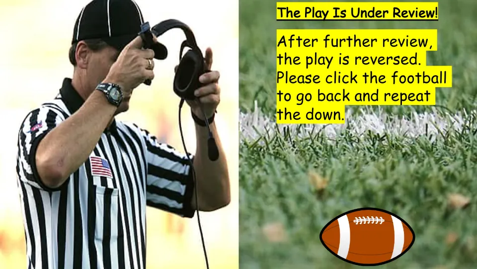 Retry feedback says the play is reversed and directs students to click the football to repeat the down.