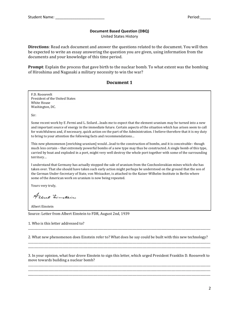 Einstein's 1939 letter to FDR on uranium bombs: students answer 3 source questions after reading the essay prompt