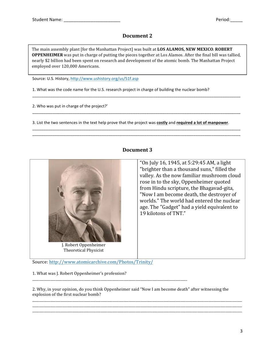 Manhattan Project and Trinity test: students read about Los Alamos and Oppenheimer's quote, then answer 5 questions
