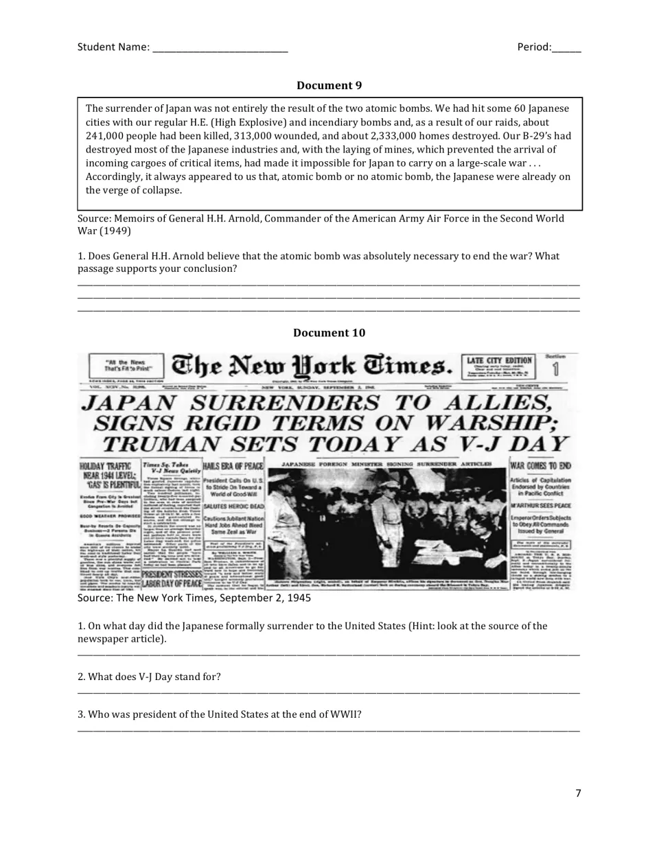 General Arnold's view that Japan was near collapse and a New York Times surrender front page, with questions on V-J Day