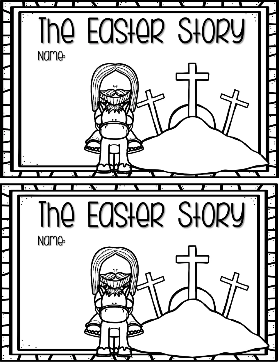 Two copies of the reader cover titled 'The Easter Story,' with a name space, Jesus on a donkey, and crosses