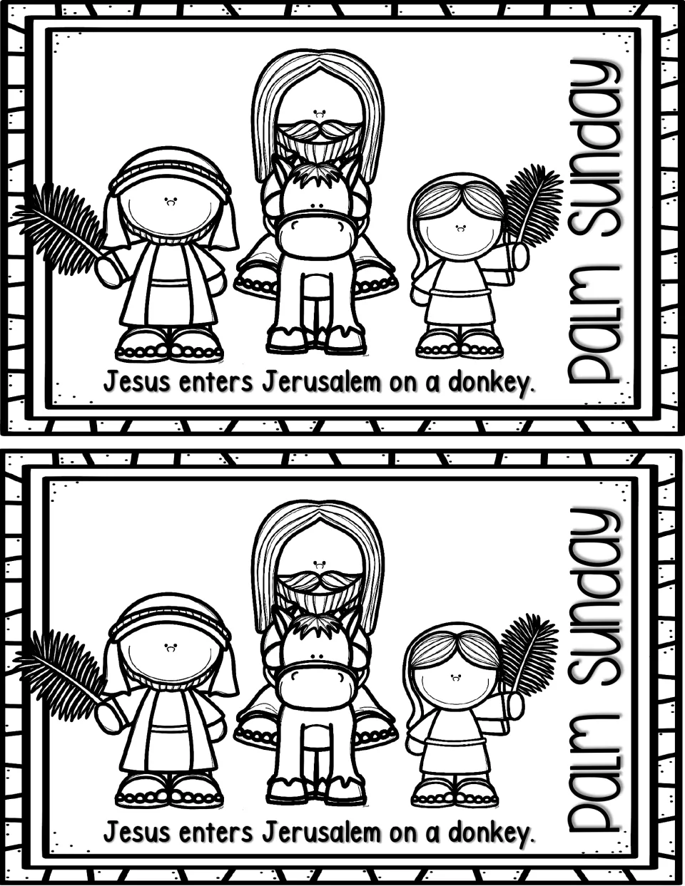 Palm Sunday reader page, printed twice: 'Jesus enters Jerusalem on a donkey,' illustrated with palm branches