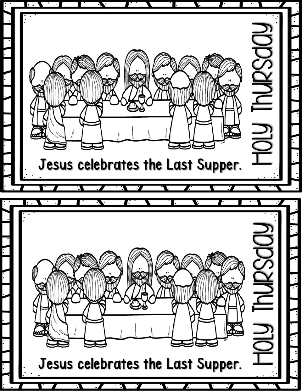 Holy Thursday reader page, printed twice: 'Jesus celebrates the Last Supper,' illustrated with a shared meal