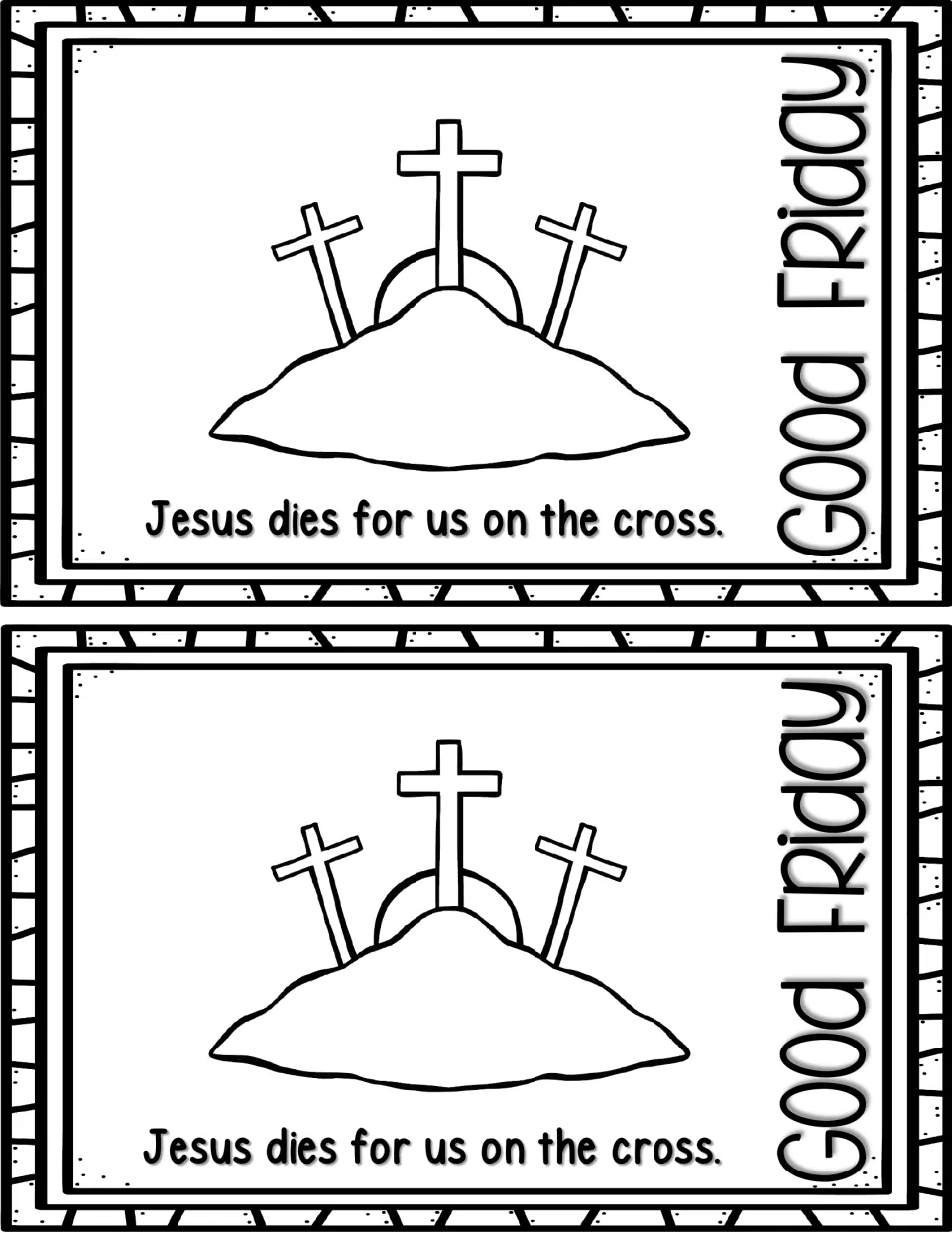 Good Friday reader page, printed twice: 'Jesus dies for us on the cross,' illustrated with three crosses