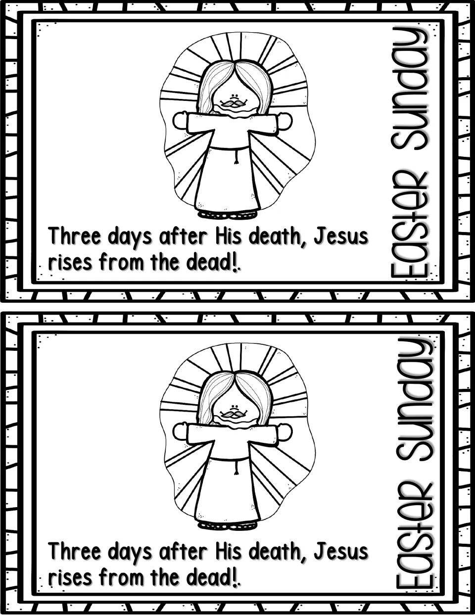 Easter Sunday reader page, printed twice: 'Three days after His death, Jesus rises from the dead!'