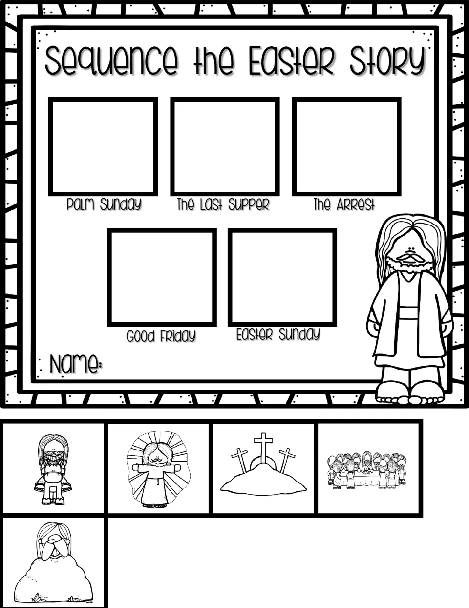 Easter story sequencing activity with five cutout pictures, from Jesus riding a donkey to His resurrection
