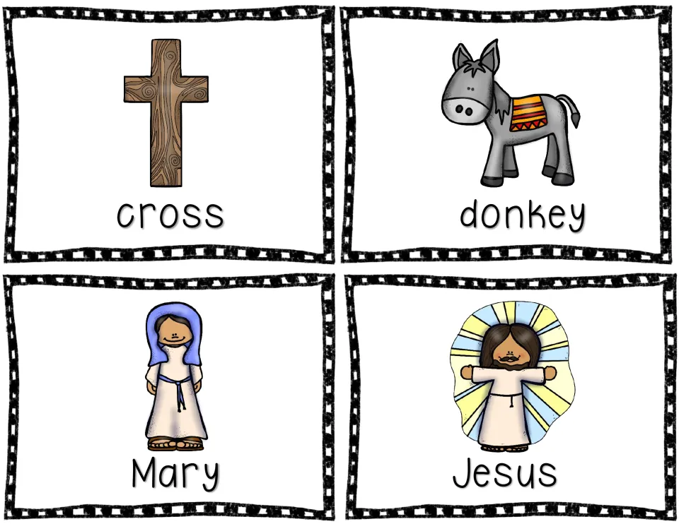 Easter picture vocabulary cards 1–4 of five: cross, donkey, Mary, and Jesus, each illustrated and labeled