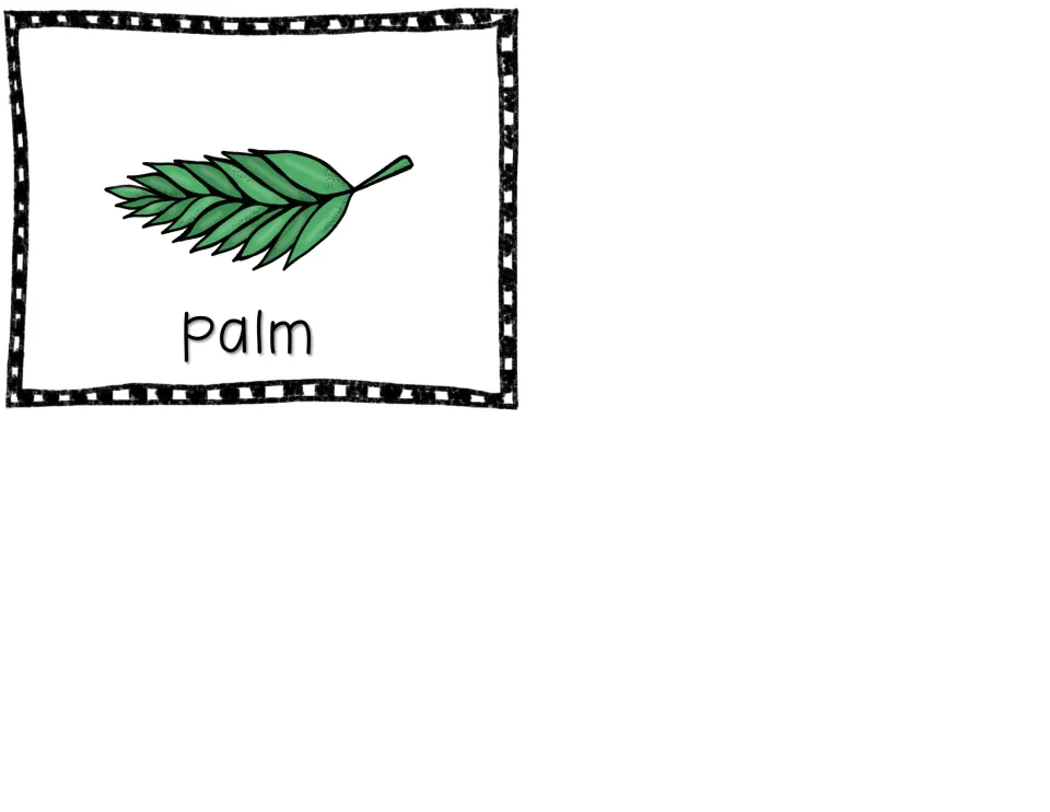 Easter picture vocabulary card 5 of five: a green palm branch labeled 'palm' for the write-the-room activity