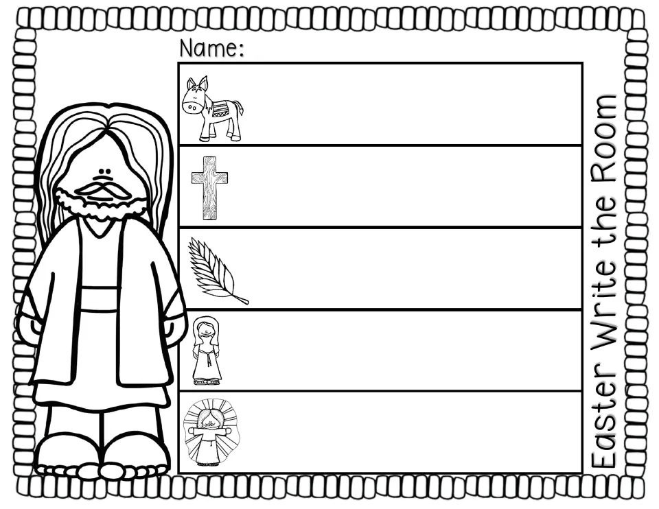 Easter write-the-room recording sheet uses pictures of a donkey, cross, palm, Mary, and Jesus as word prompts