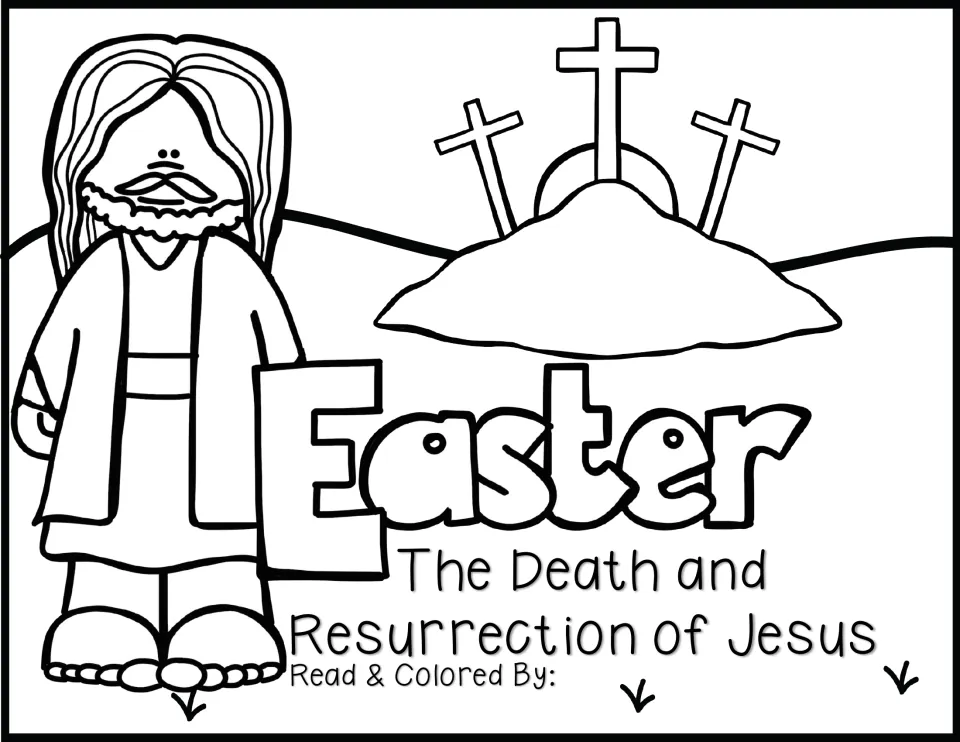 Black-and-white story booklet cover shows Jesus and three crosses, with a 'Read & Colored By' name prompt