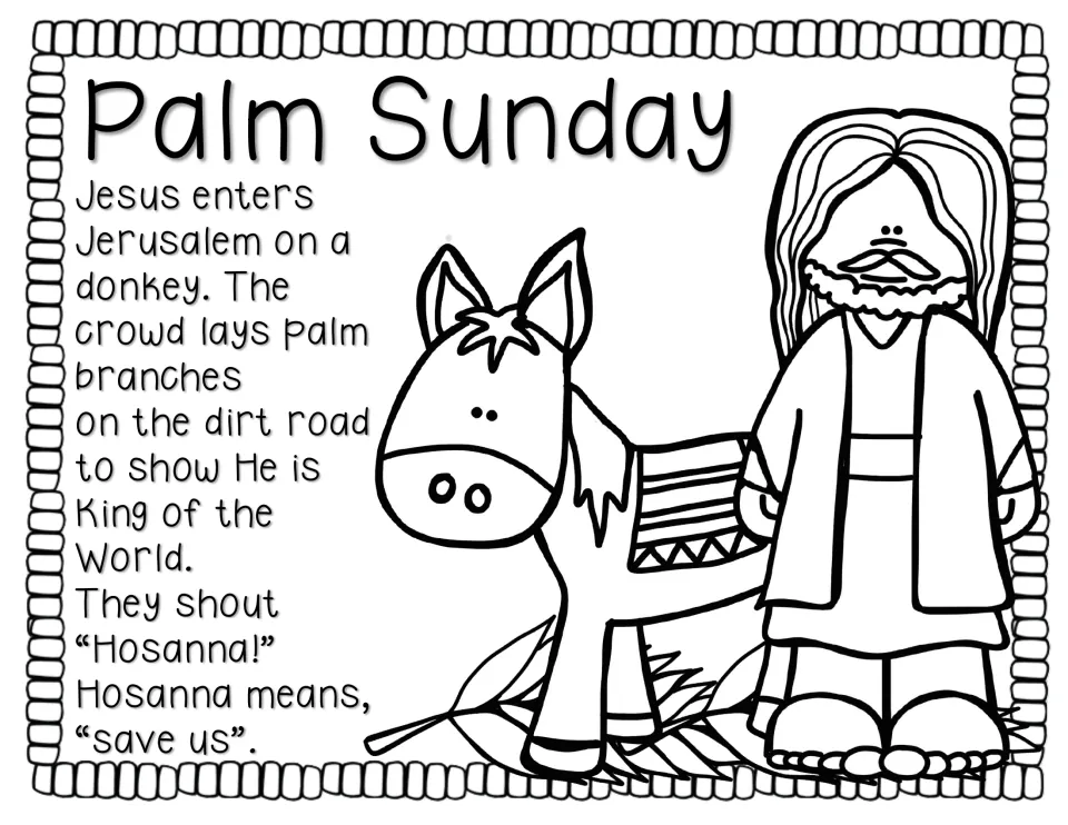 Easter story page 'Palm Sunday' describes Jesus entering Jerusalem on a donkey as the crowd shouts 'Hosanna!'