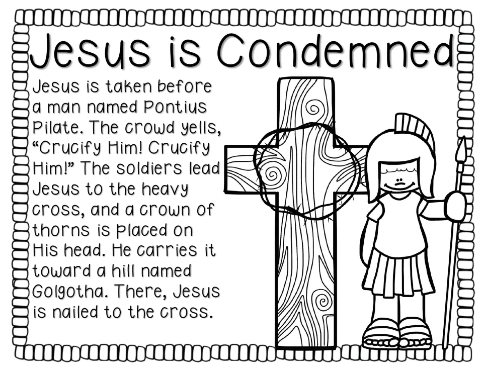 Easter story page 'Jesus is Condemned' tells of Pontius Pilate, the crown of thorns, and the cross at Golgotha