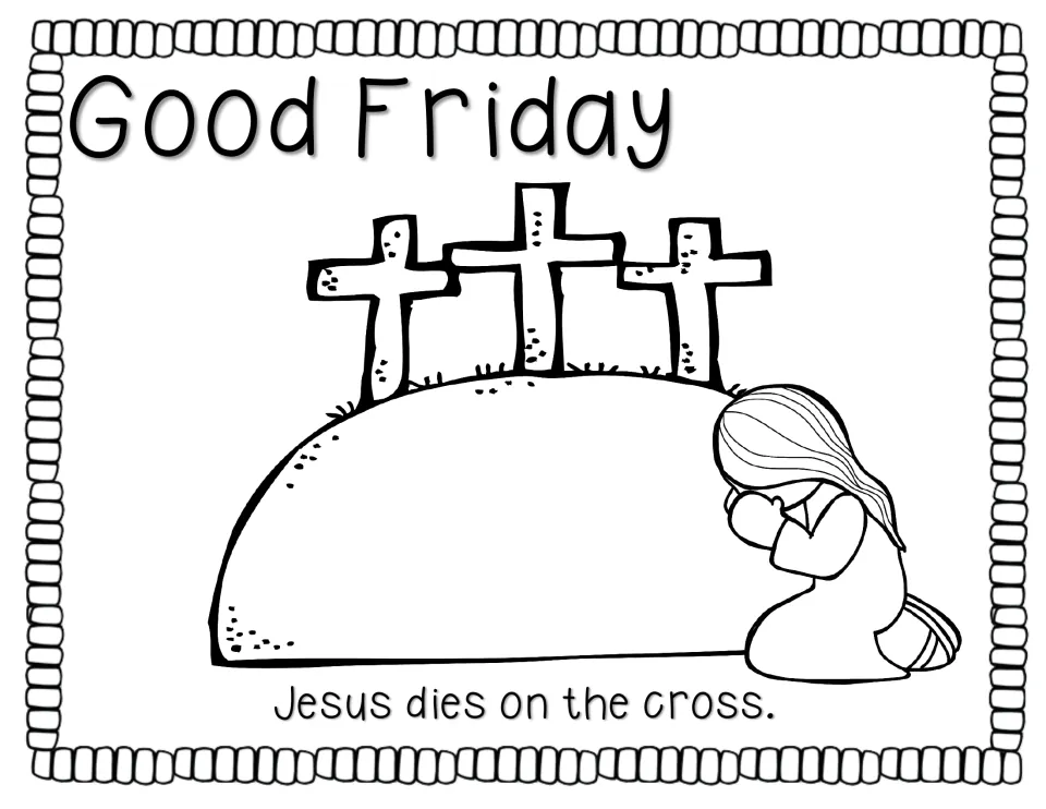 Easter story page 'Good Friday' shows three crosses and a kneeling figure above 'Jesus dies on the cross.'