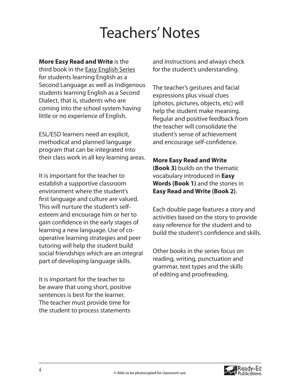 Teachers' notes on supporting ESL and ESD learners and how each story is paired with activities based on it