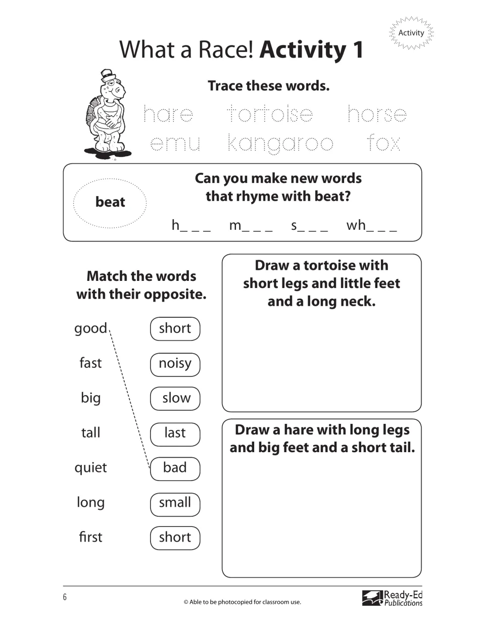 What a Race! activity 1: trace animal words, make rhymes with beat, match opposites and draw a tortoise and a hare