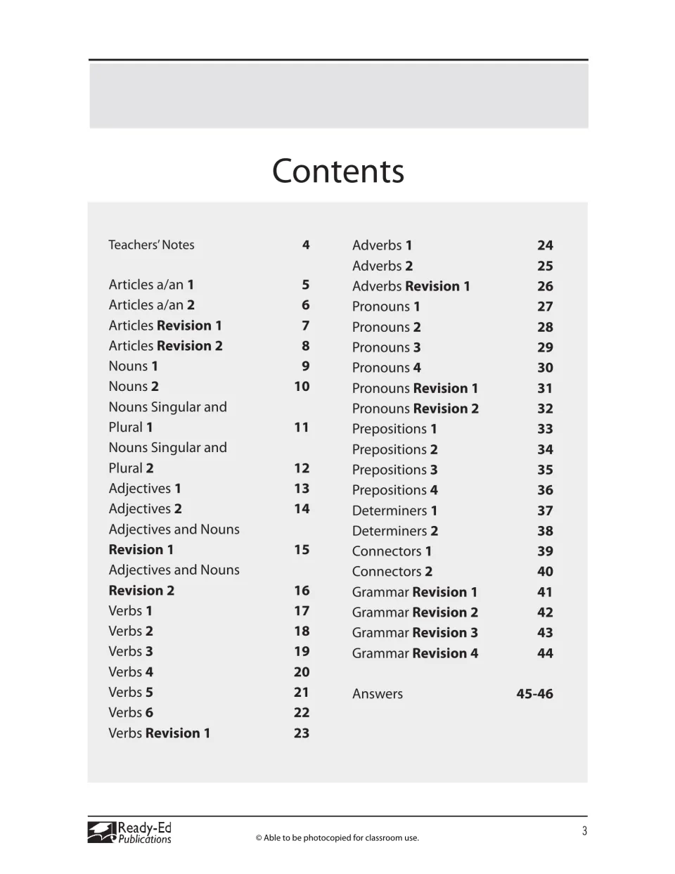 Workbook contents listing articles, nouns, adjectives, verbs and other grammar topics, plus answer pages