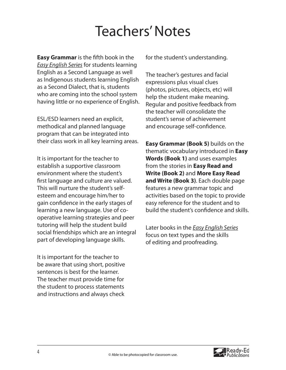 Teacher notes explain support for ESL and ESD learners and how grammar topics connect to earlier books