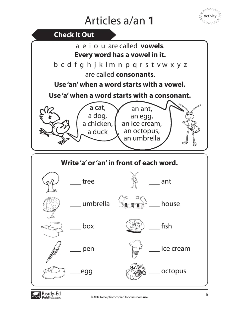 Articles lesson introduces vowels and consonants, then asks students to add a or an to ten pictured nouns