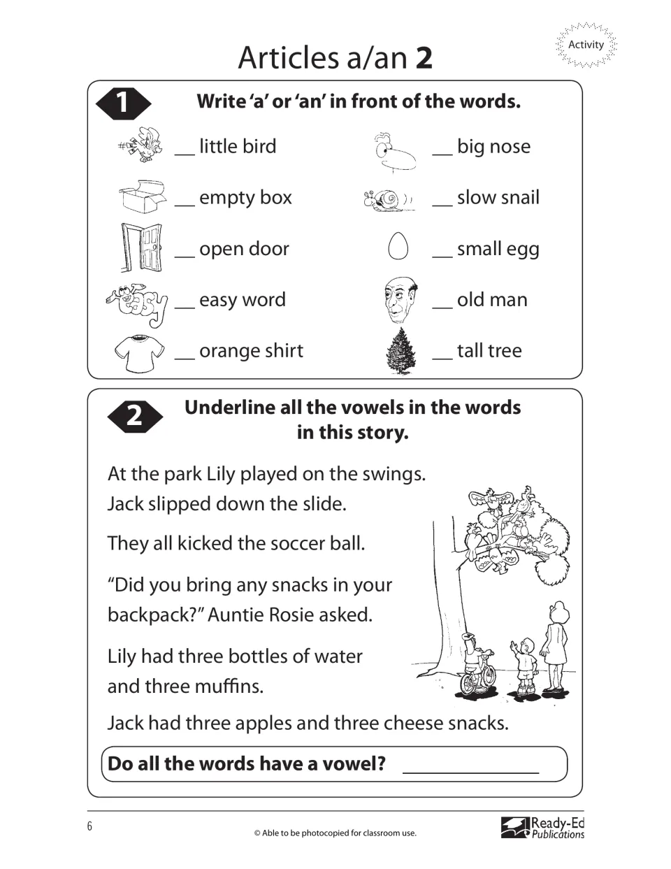 Second articles activity asks students to add a or an to phrases and underline vowels in a park story