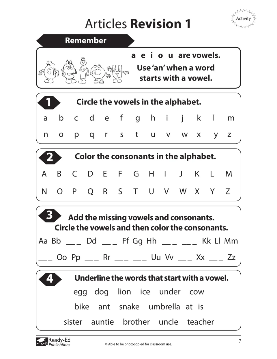 First articles review asks students to identify vowels and consonants and complete missing alphabet letters