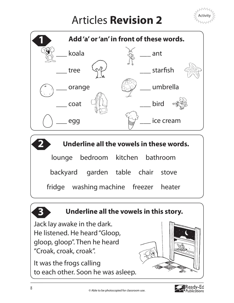 Second articles review practices a and an, then asks students to underline vowels in words and a frog story