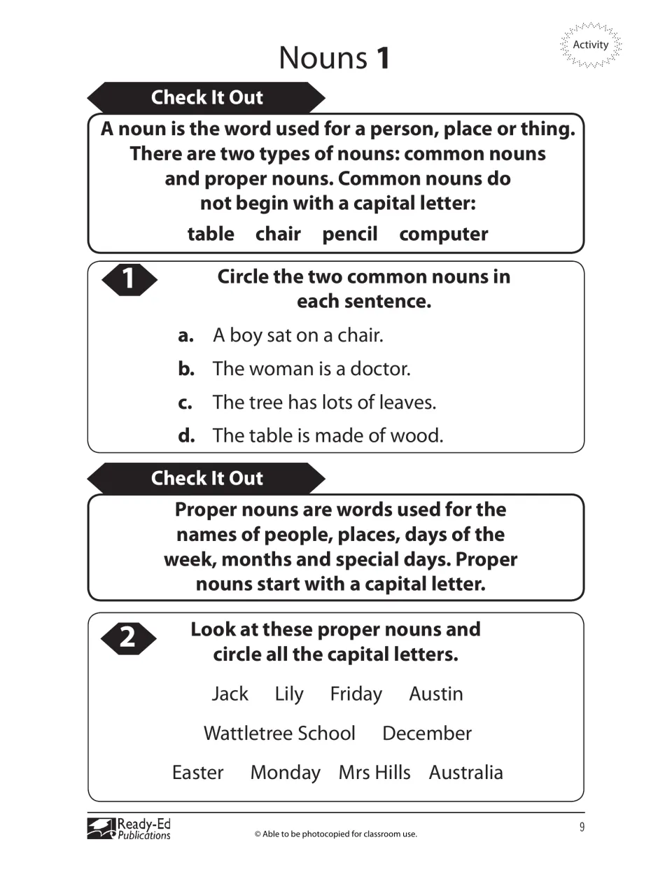 First nouns lesson defines common and proper nouns, with tasks to circle nouns and capital letters
