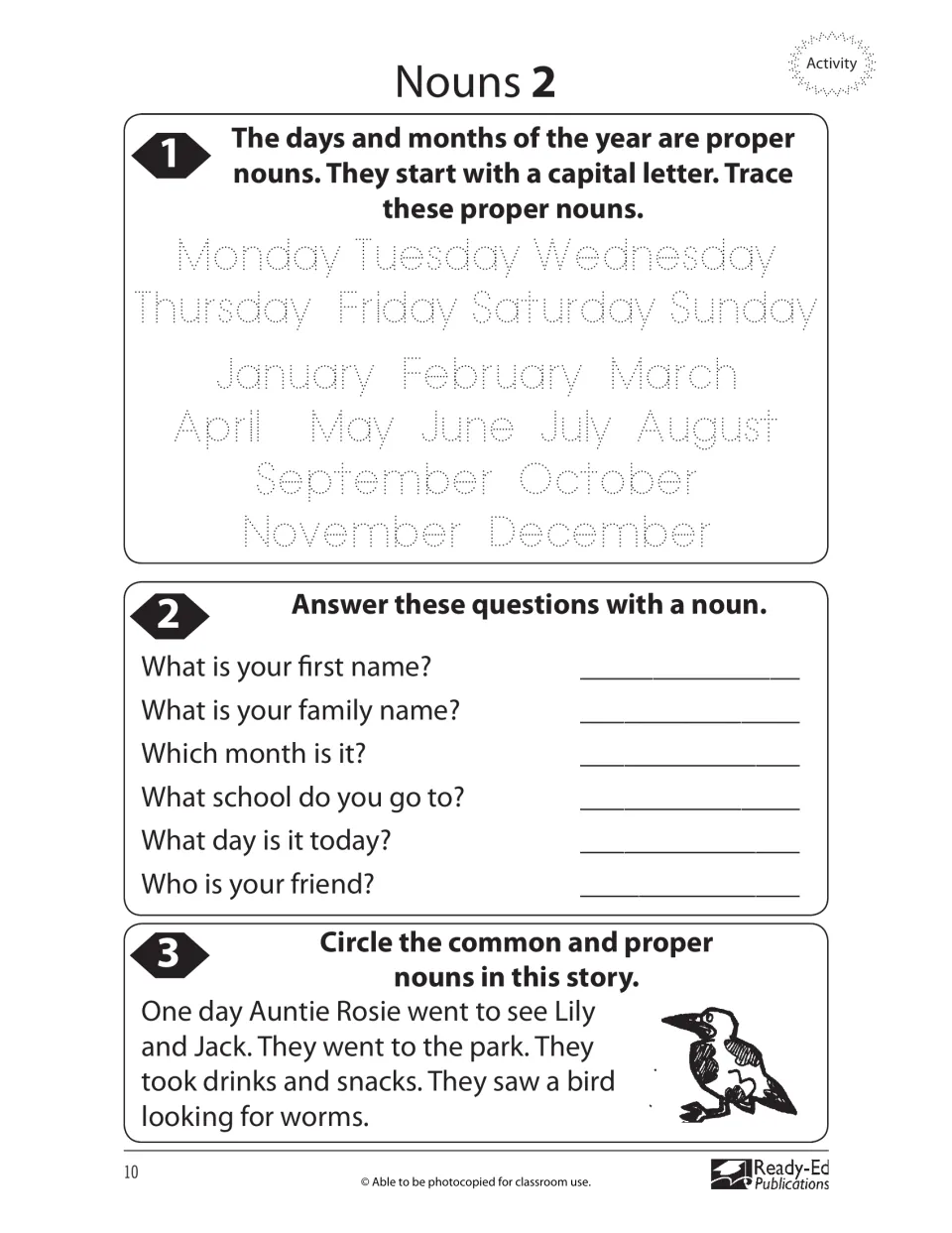 Second nouns activity includes tracing days and months, answering with nouns, and finding nouns in a story