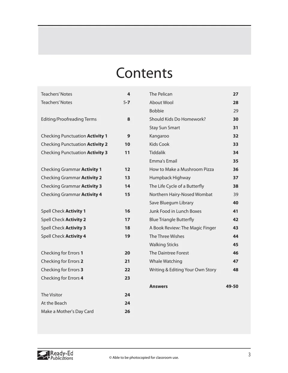 Workbook contents list teacher notes, punctuation, grammar, spelling, text-editing tasks, and answers