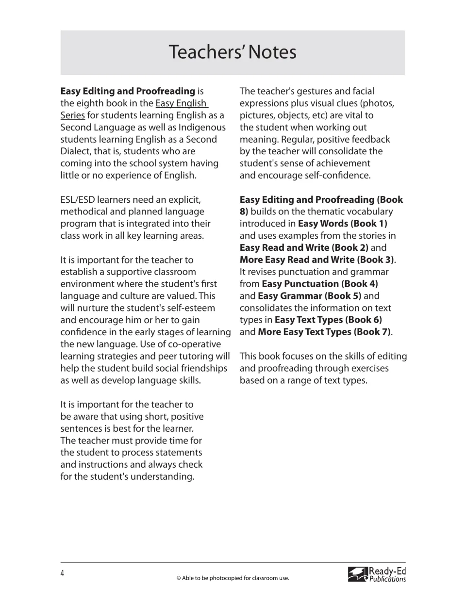 Teacher notes introduce ESL and ESD learners' needs and explain the workbook's editing and proofreading focus