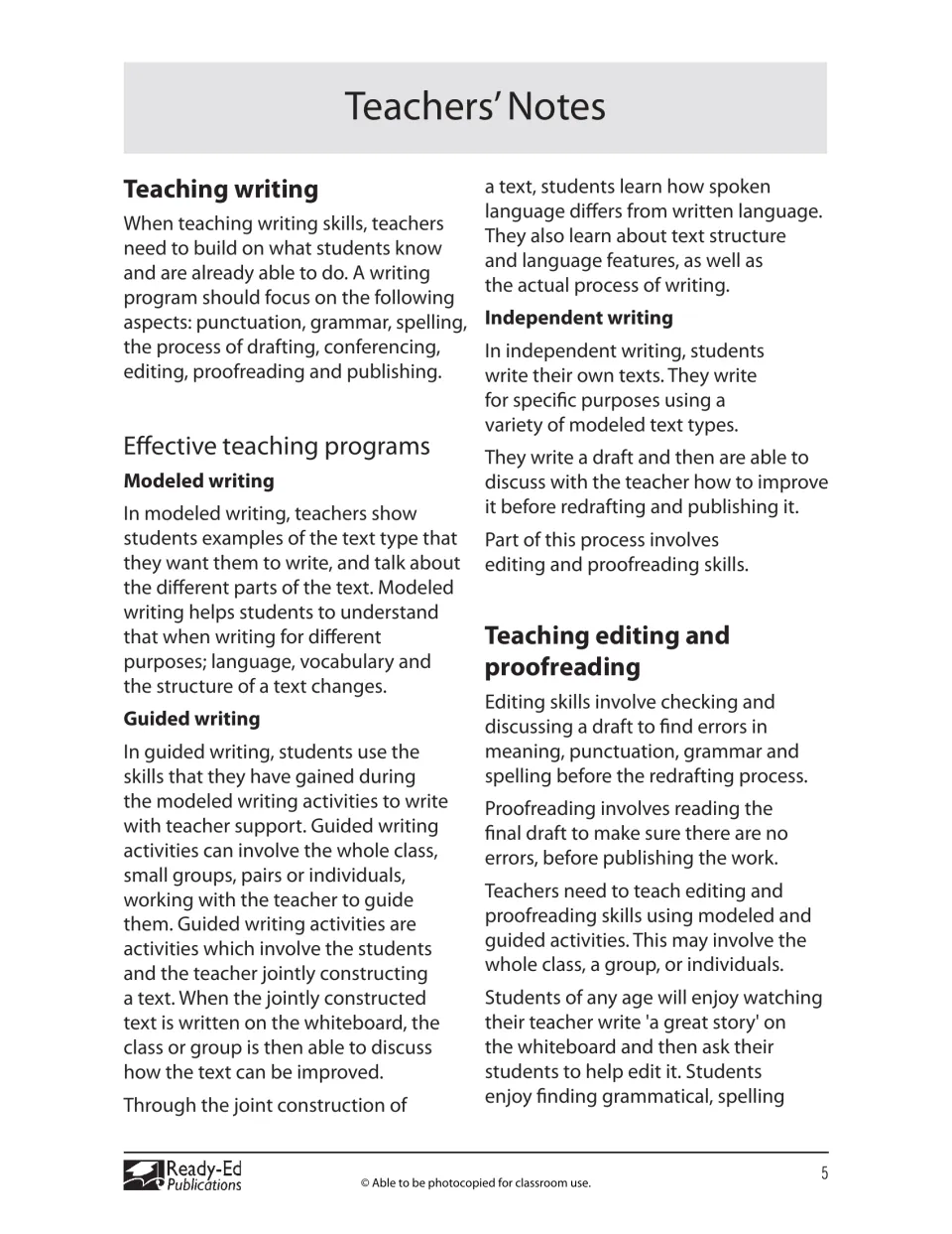Teacher notes explain modeled, guided, and independent writing and introduce editing and proofreading