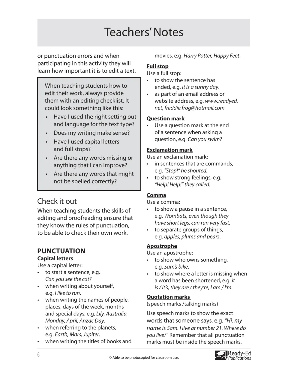 Teacher reference includes an editing checklist and rules for capitals, periods, commas, and quotation marks