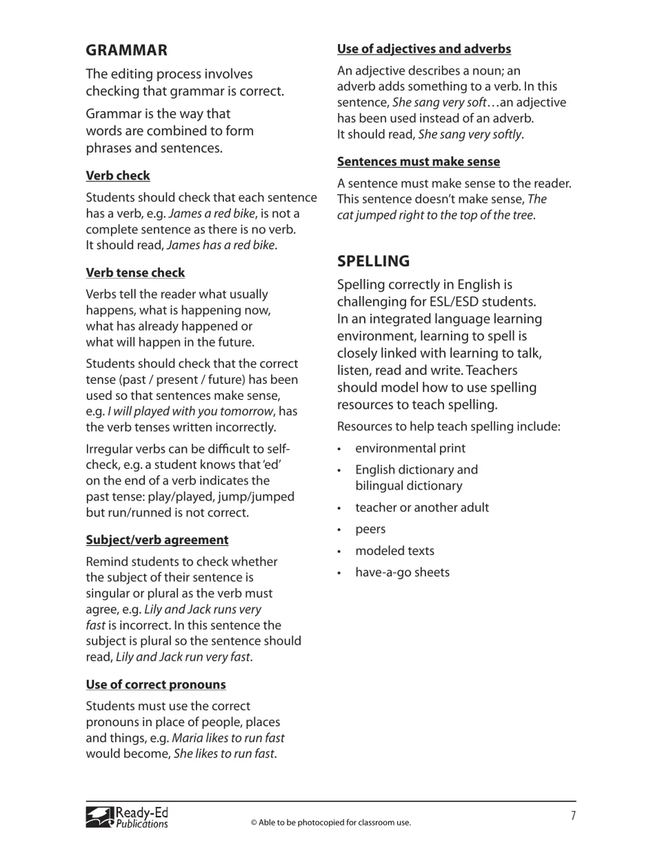 Teacher reference covers verb tense, subject-verb agreement, pronouns, adjectives, and spelling resources