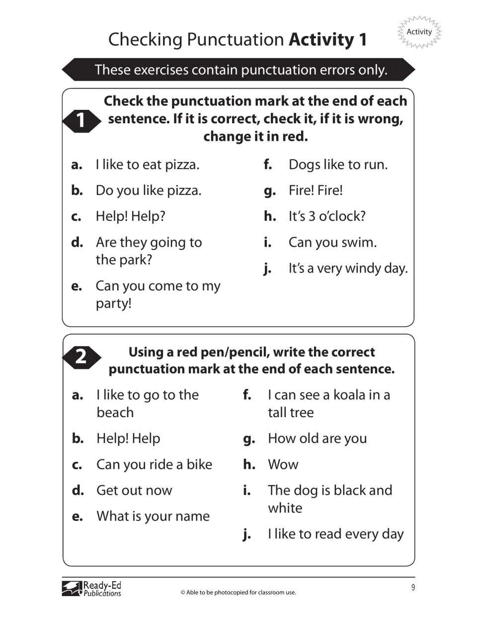 Punctuation Activity 1 asks students to check 10 sentence endings and add punctuation to 10 more sentences