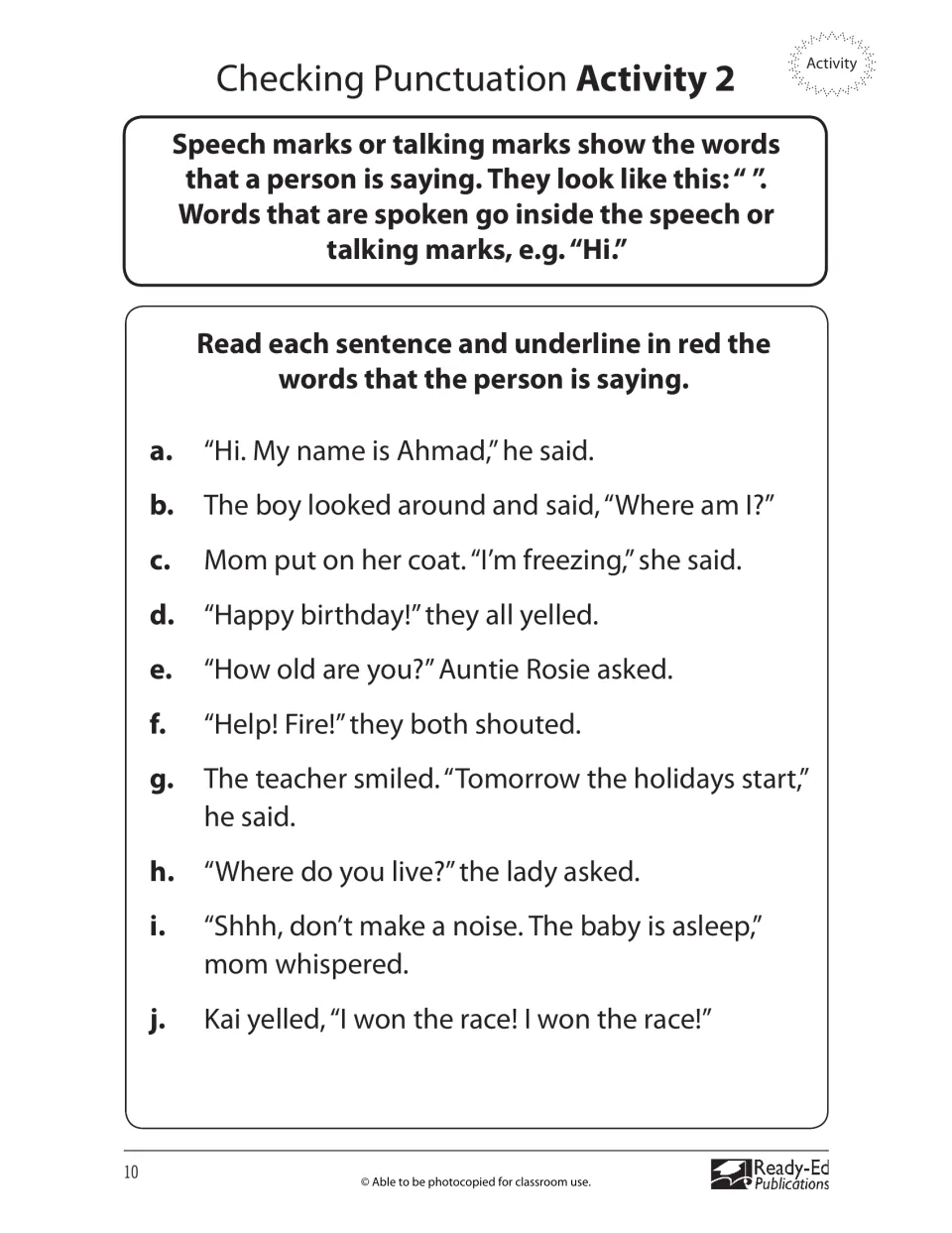Punctuation Activity 2 explains quotation marks and asks students to underline spoken words in 10 sentences