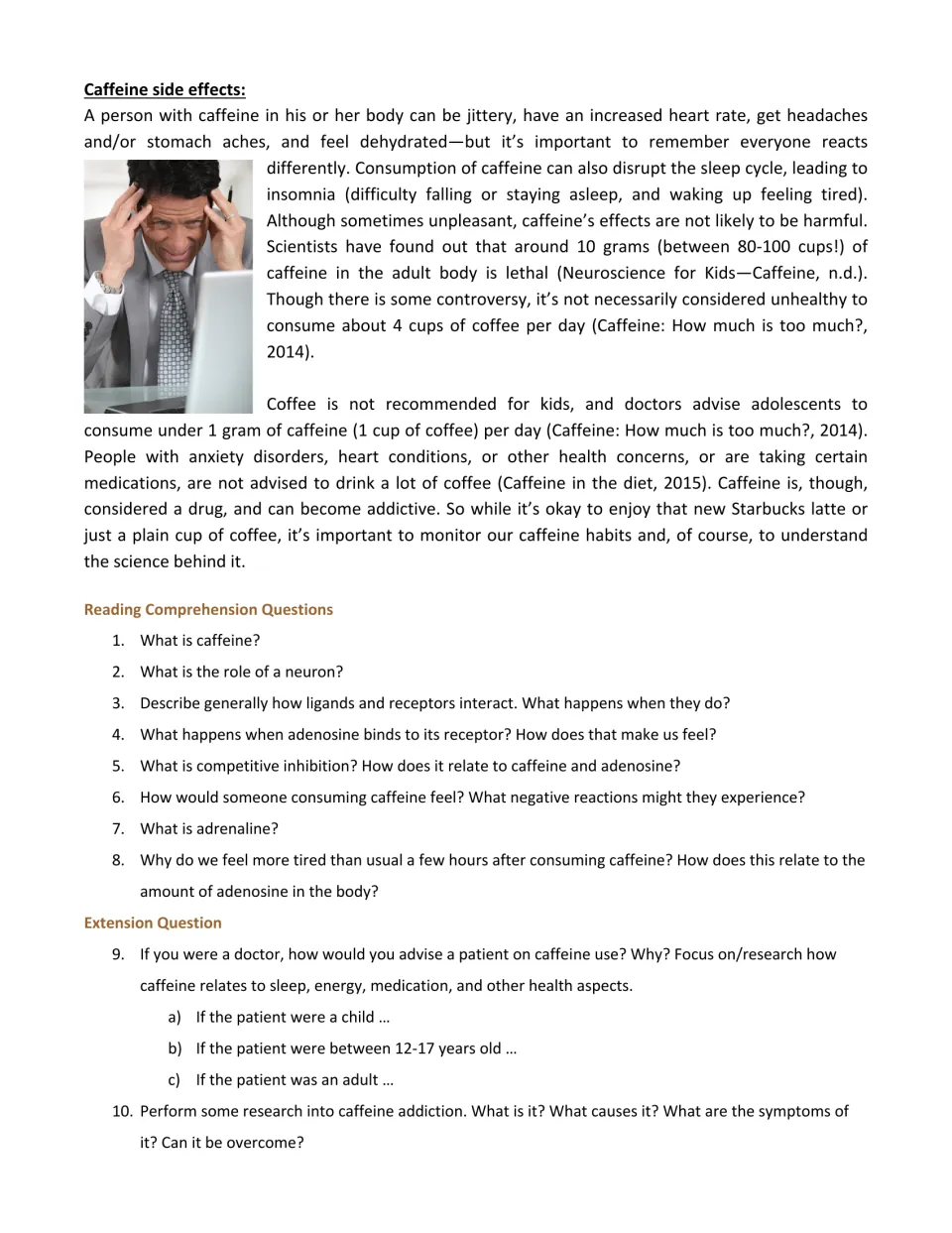 Final caffeine article page covers side effects, followed by eight comprehension and two extension questions.