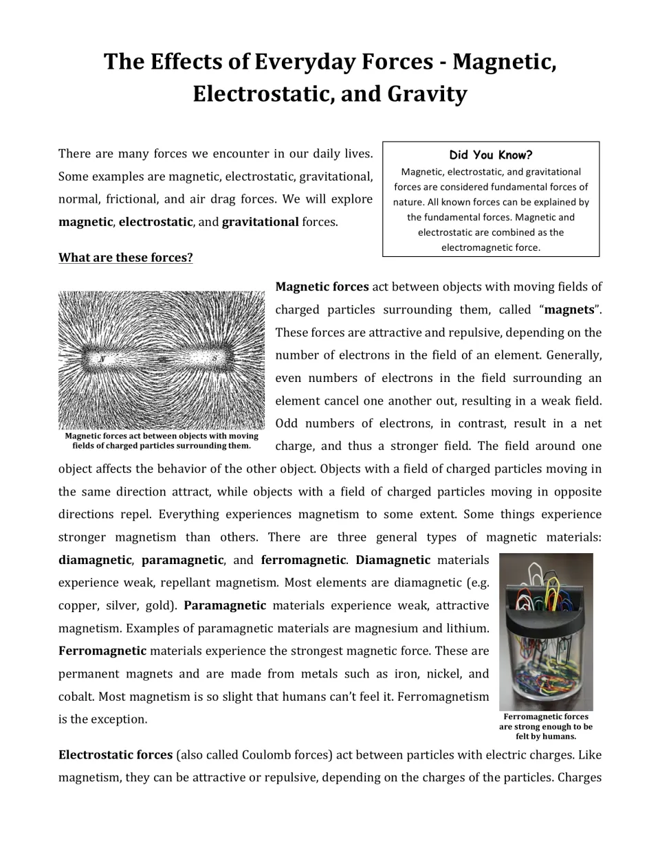 Opening article page introduces everyday forces, explains magnetic materials, and begins electrostatic forces.
