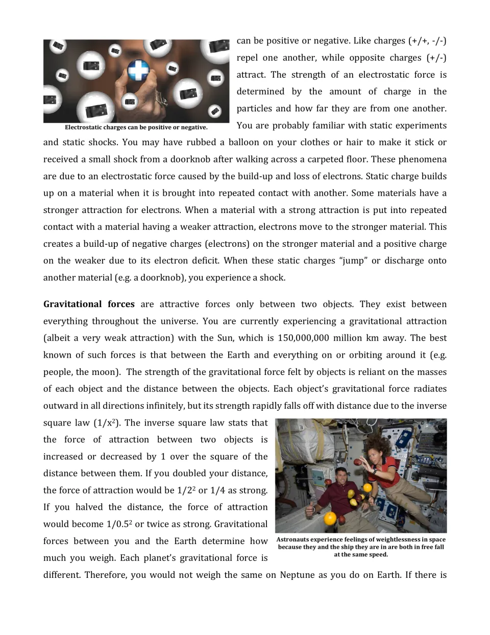 Article continuation explains static shocks, gravitational attraction, distance effects, and weight in space.