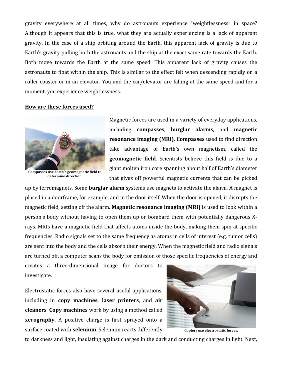 Article continuation explains orbital weightlessness and uses of magnets in compasses, alarms, and MRI.