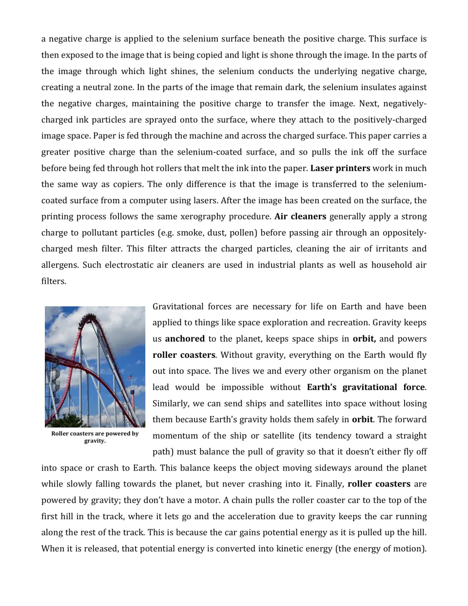 Article continuation covers copiers, laser printers, air cleaners, gravity in orbits, and roller coaster energy.