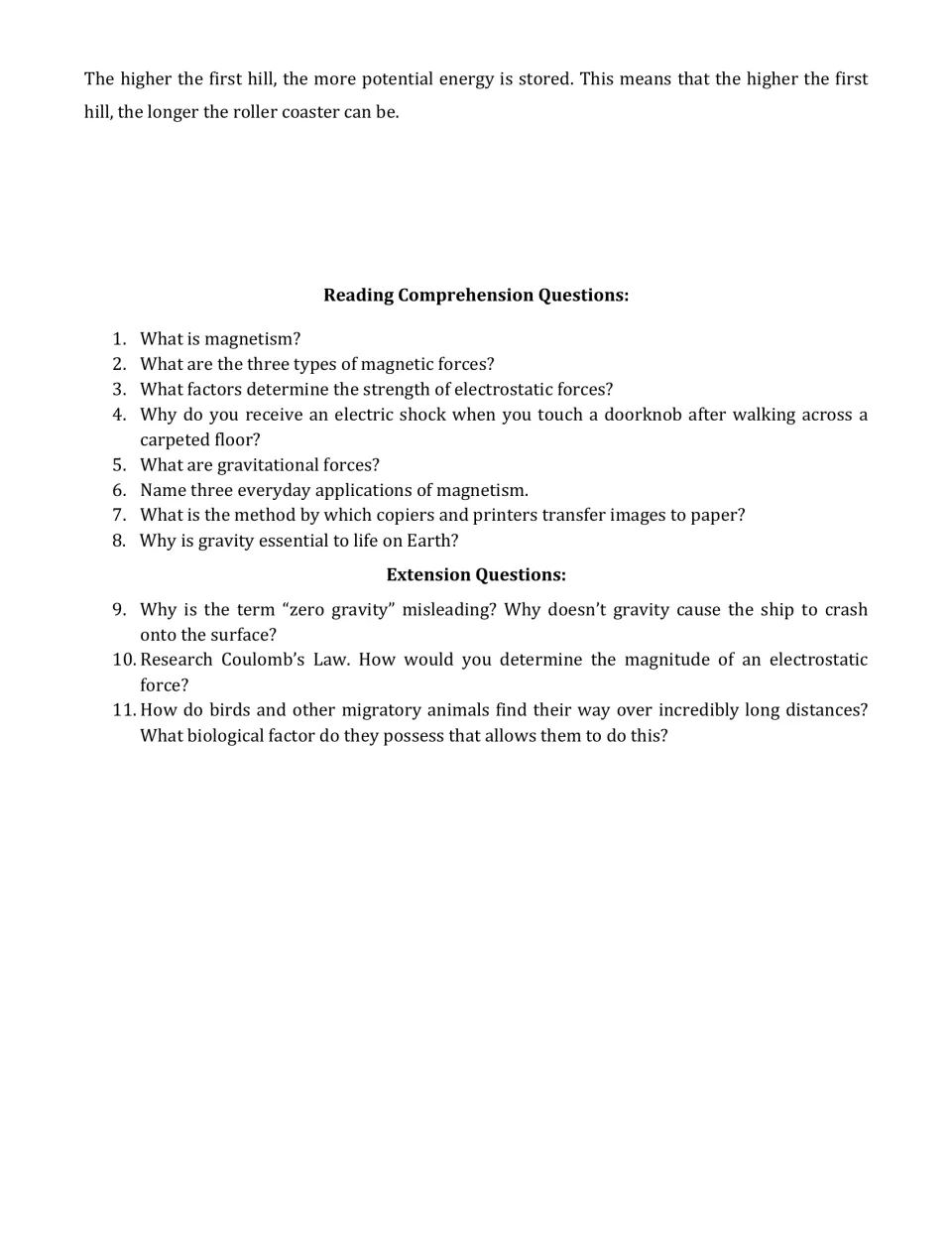 Article conclusion followed by eight comprehension questions and three extension questions on everyday forces.