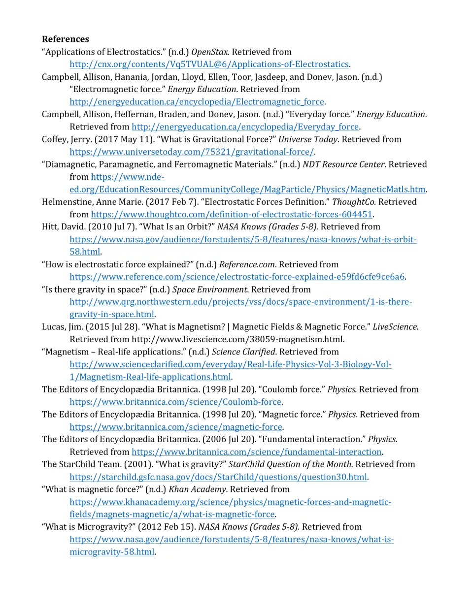 First reference page lists sources for the article on magnetism, electrostatics, gravity, orbits, and microgravity.
