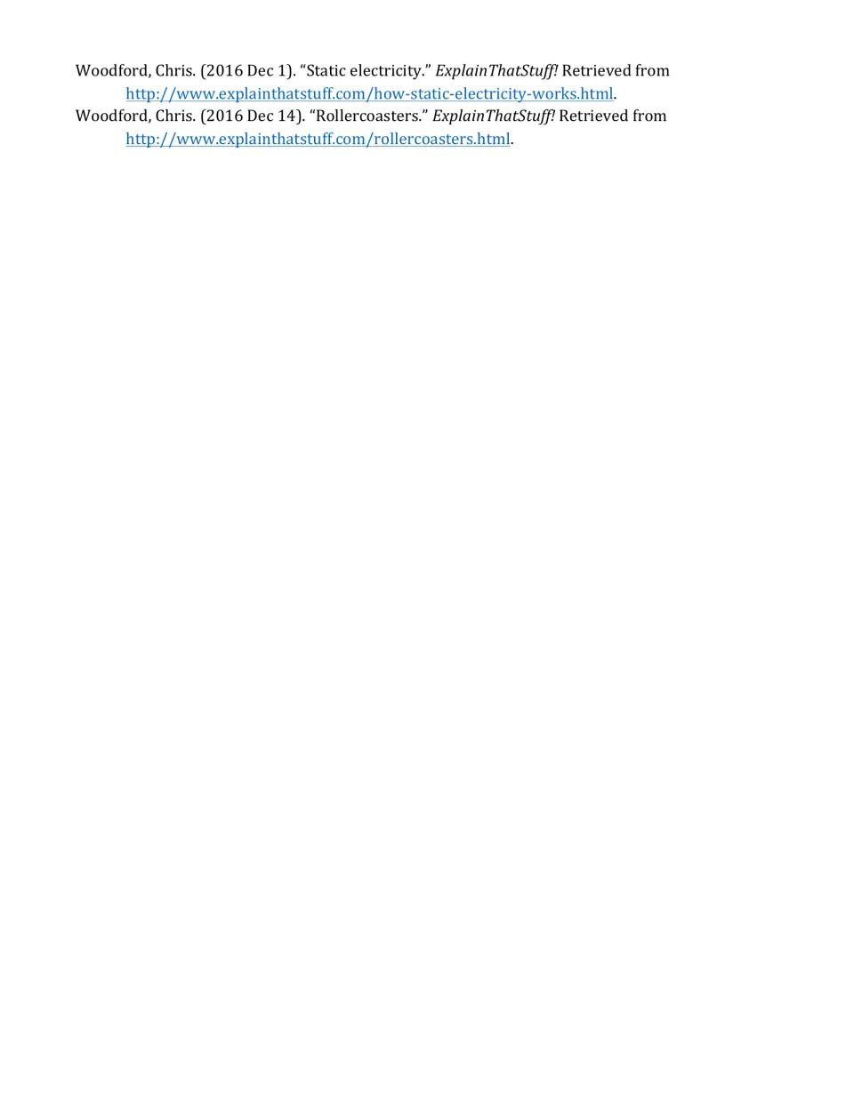 Final reference page lists Chris Woodford's ExplainThatStuff! articles on static electricity and roller coasters.